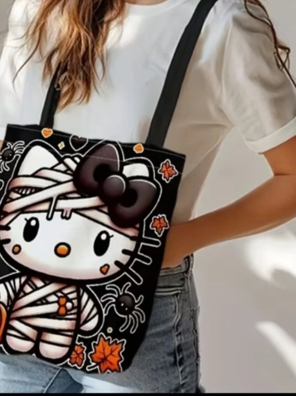 Black Halloween Kitty Tote Bag with Pumpkin